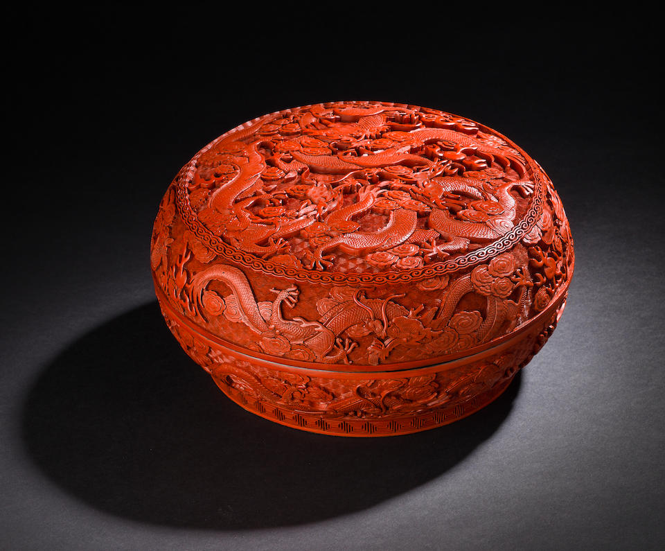 A cinnabar lacquer 'nine dragons' box and cover Qianlong (2)