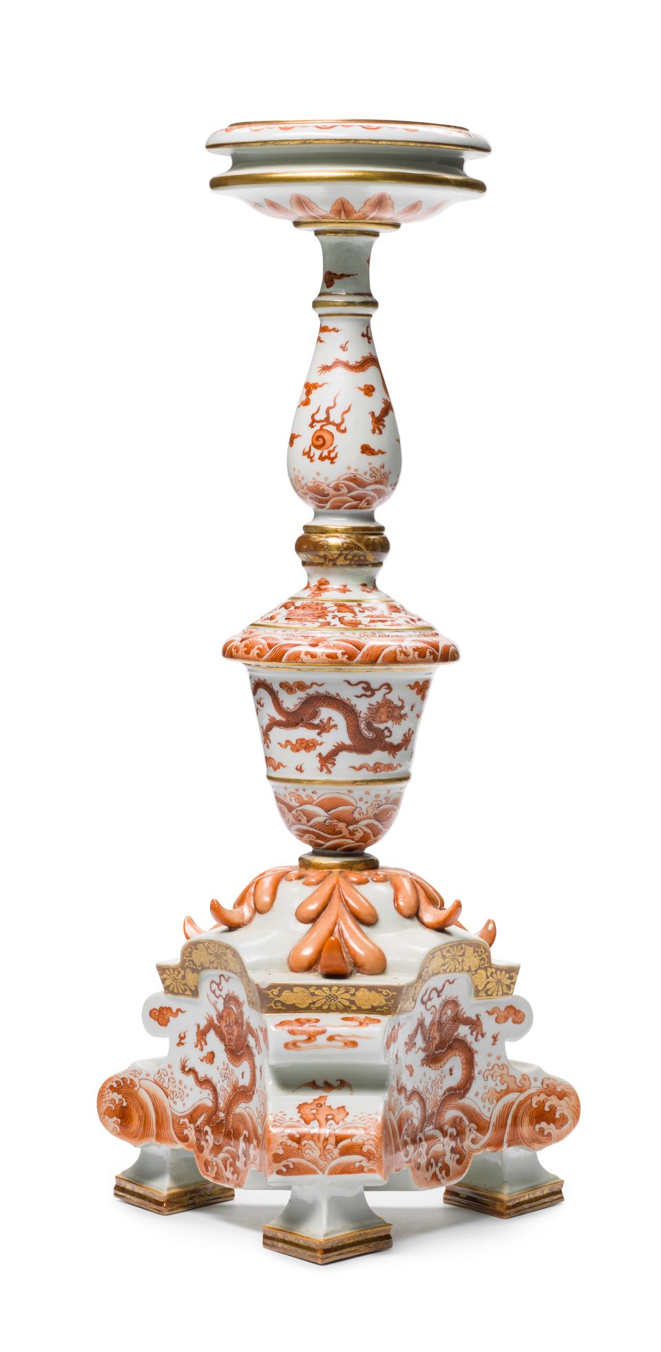 An extremely rare Imperial iron-red and gilt-decorated 'dragon' candlestick Yongzheng seal mark and of the period (2)