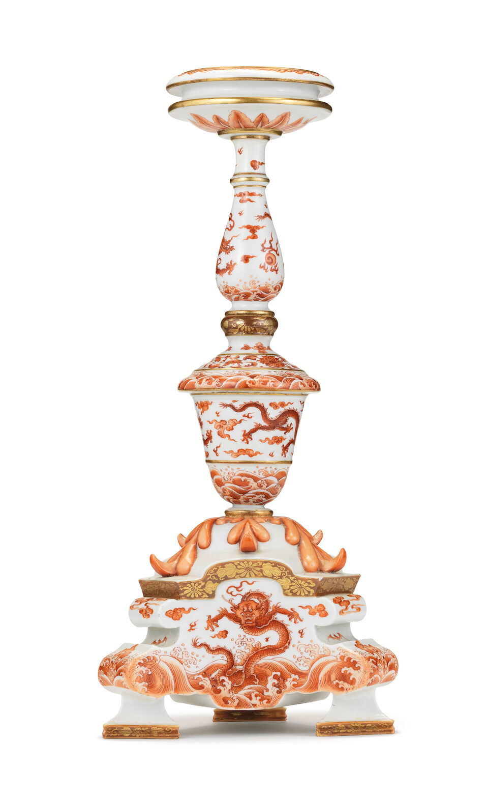 An extremely rare Imperial iron-red and gilt-decorated 'dragon' candlestick Yongzheng seal mark and of the period (2)