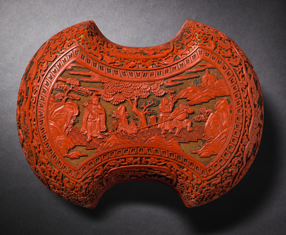 A rare large three-colour cinnabar lacquer 'ingot' box and cover Qianlong (3)