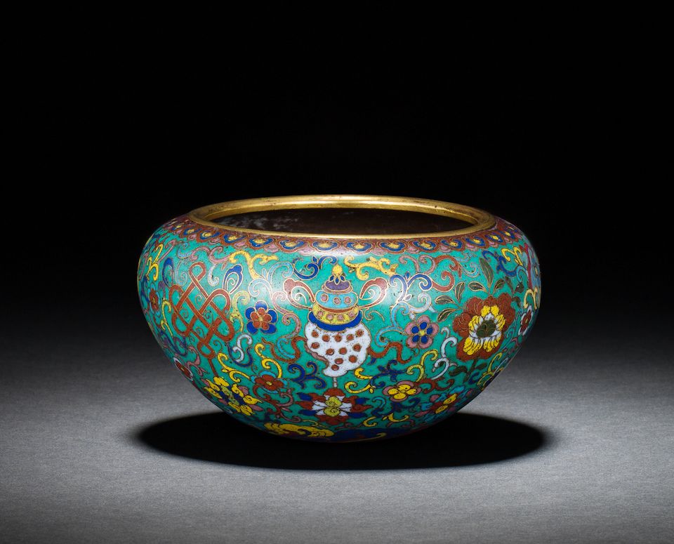 A rare Imperial cloisonné enamel 'eight Buddhist emblems' alms bowl Enamelled Qianlong four-character mark and of the period