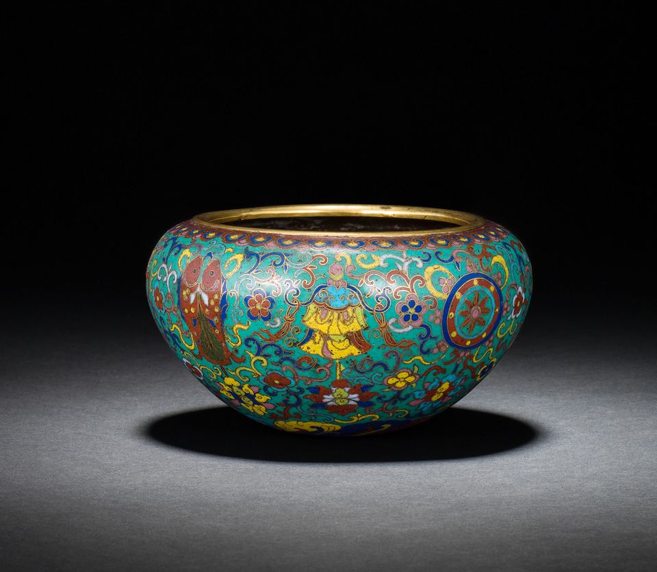 A rare Imperial cloisonné enamel 'eight Buddhist emblems' alms bowl Enamelled Qianlong four-character mark and of the period