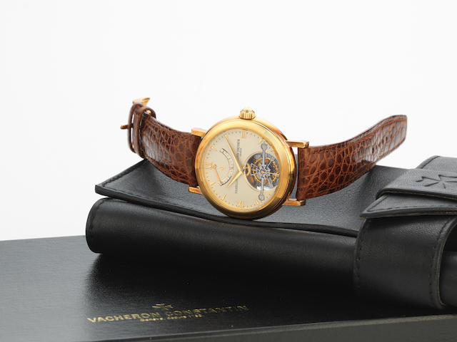 Vacheron Constantin. An 18K gold manual wind tourbillon wristwatch with power reserve indication Patrimony Tourbillon. Ref:30050/000J-8, No.53, Case No.6332**, Movement No.8165**, Circa 1990