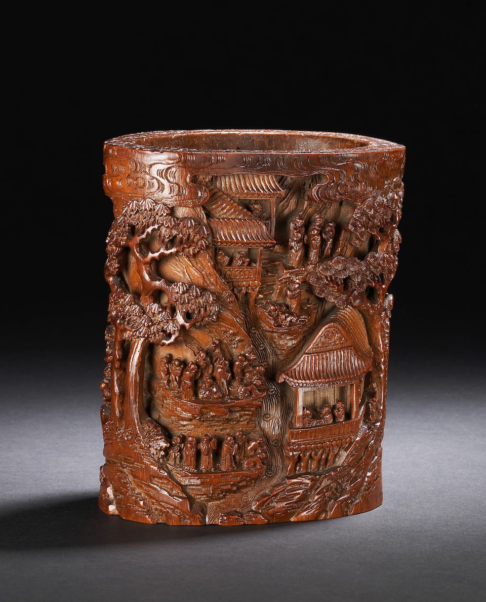 A carved bamboo 'orchid pavilion' brushpot, bitong 18th century