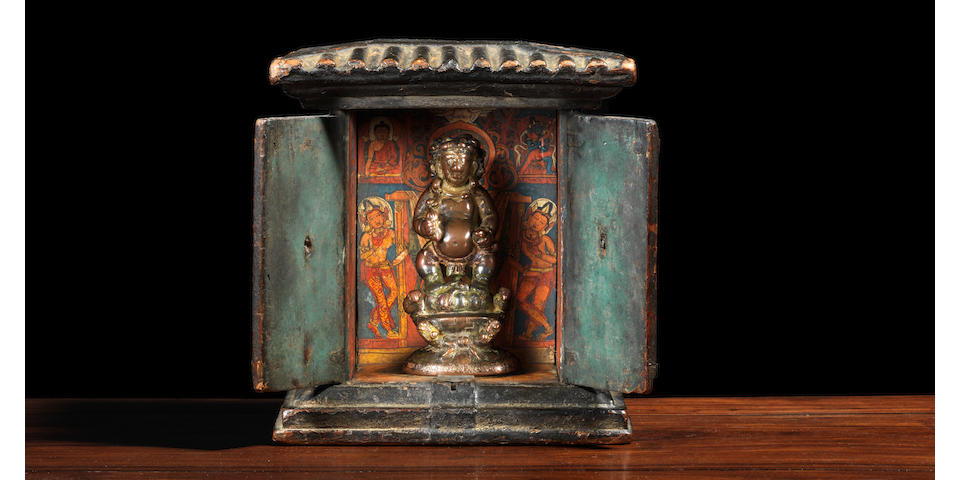 A COPPER COMPOSITE FIGURE OF VAJRAPANI AND KUBERA ATTRIBUTED BY INSCRIPTION TO THE TENTH KARMAPA, CHOYING DORJE (1604-1674)&#8232;