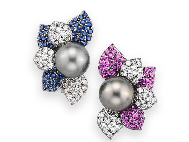 A Pair of Cultured Pearl, Gem-set and Diamond Floral Earrings