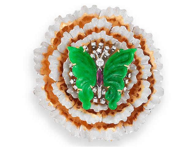 A Jadeite, Ruby and Diamond Floral Brooch, by Buccellati