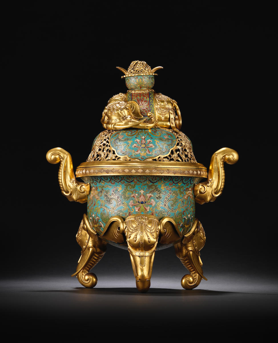 An exceptional Imperial gilt-bronze and cloisonn&#233; enamel 'elephant' tripod incense burner and cover Qianlong (3)