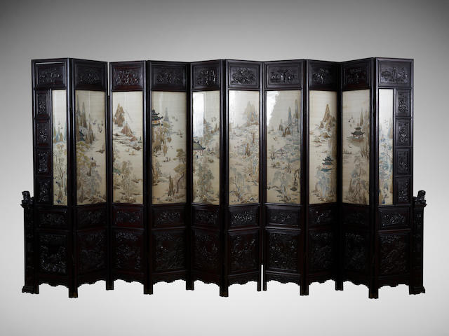 A Chinese carved ten-fold hongmu and embroidered screen Qing dynasty