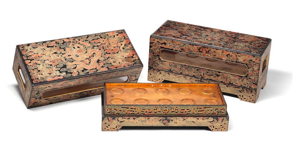 A very rare pair of Imperial polychrome and qiangjin lacquer 'dragon' banquet boxes and covers Qianlong (6)