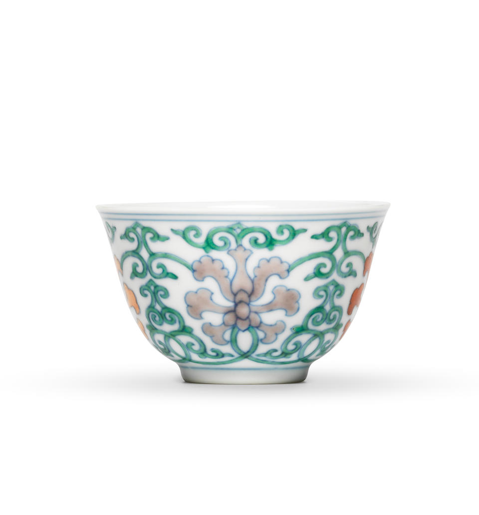 An exceedingly rare pair of Imperial Ming-style doucai 'baoxiang' cups Yongzheng six-character marks and of the period (2)