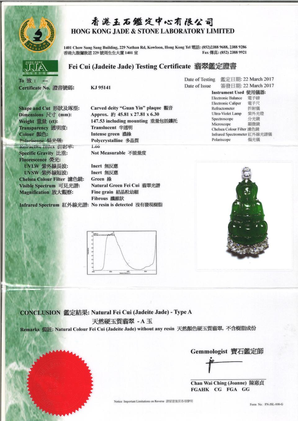 An Important jadeite and diamond 'Guanyin' Pendant