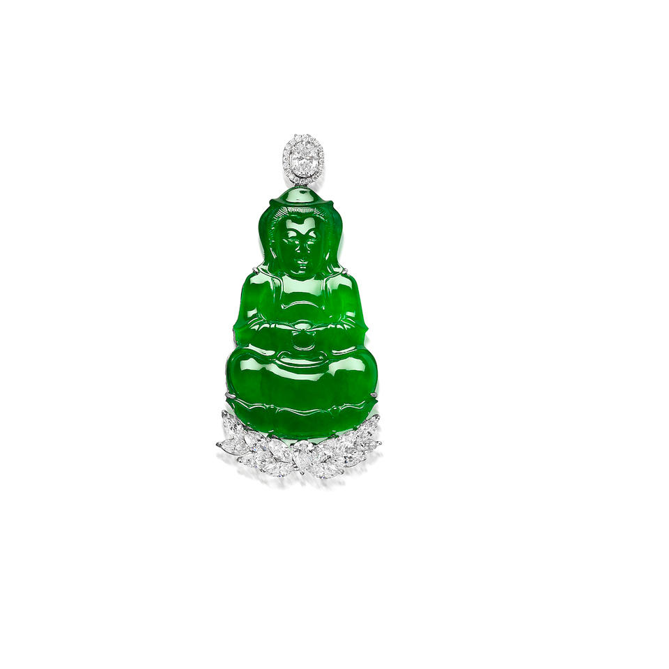 An Important jadeite and diamond 'Guanyin' Pendant