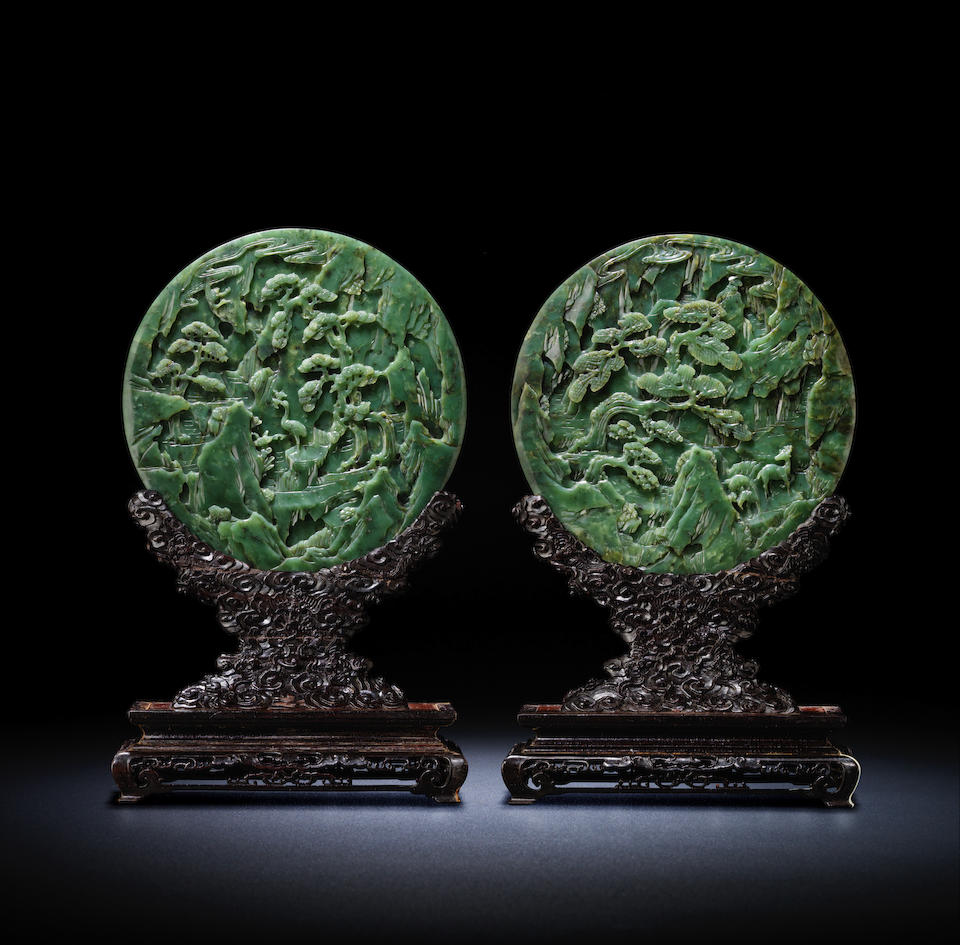 A fine pair of Imperial spinach-green jade double-carved circular table screens Qianlong/Jiaqing  (5)
