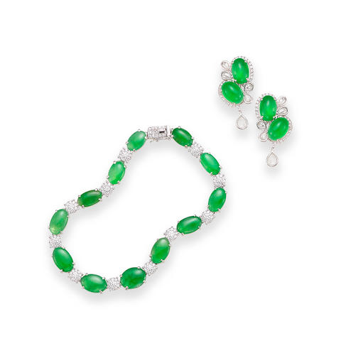 Bonhams : A Jadeite and Diamond Bracelet and Earring Suite (2)