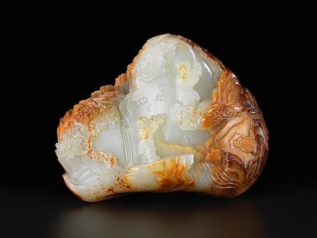 An Imperially-inscribed white and russet jade 'birthday celebration' boulder First half of the 18th century, two-character seal mark Chun He (2)