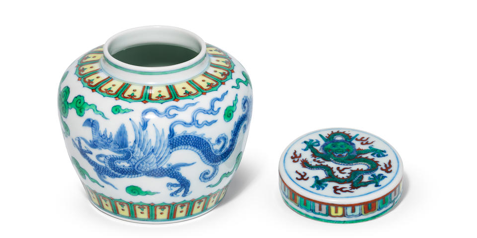 A very rare Imperial Ming-style doucai 'dragon' jar Yongzheng six-character mark and of the period (3)