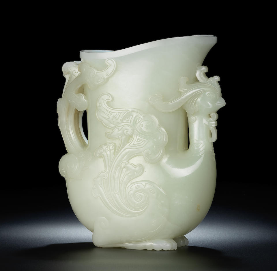 A magnificent Imperial white jade 'phoenix' vessel, gong Qianlong
