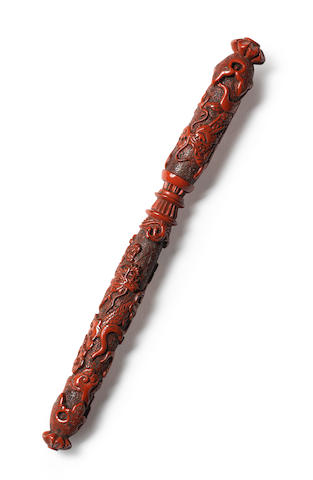 A carved cinnabar lacquer 'dragon' brush and cover Ming Dynasty (2)