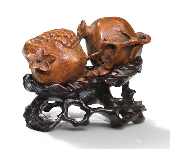 A fine carved bamboo 'double pomegranate' group 18th century (2)