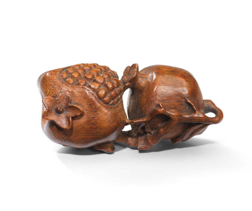 A fine carved bamboo 'double pomegranate' group 18th century (2)