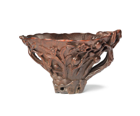 A magnificent and large rhinoceros horn 'chilong, peach and lychee' libation cup  17th century