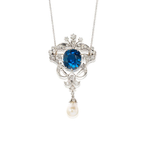 Diamond Pendant with Antique Cushion Shaped Blue Spinel Center Stone and Natural Pearl Drop