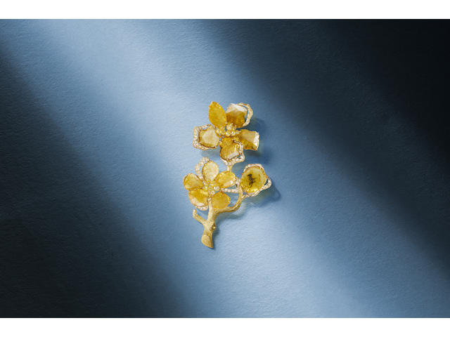 A Yellow Diamond and Diamond 'Flower' Brooch