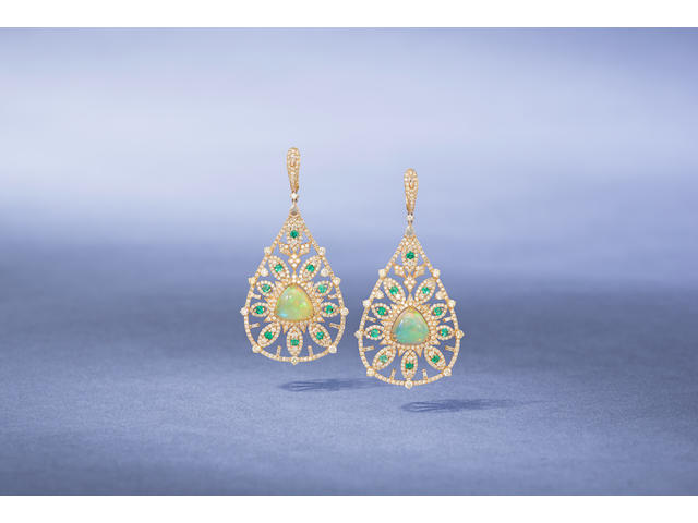 A Pair of Opal, Emerald and Diamond Pendent Earrings