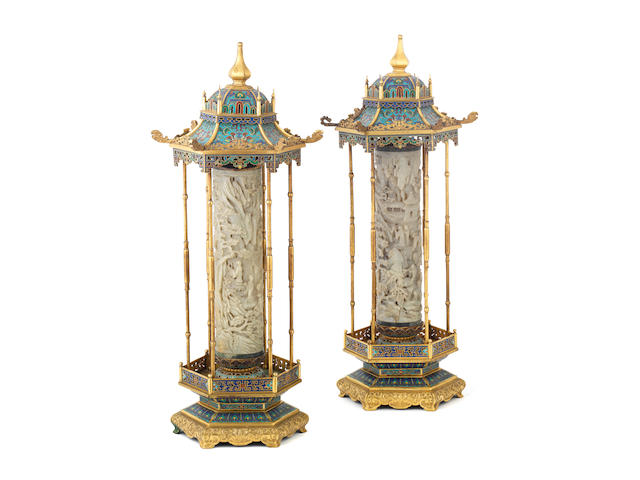 An exceptionally rare pair of Imperial jade gilt-bronze cloisonn&#233; and champlev&#233; enamel 'pagoda' incense holders Qianlong (2)