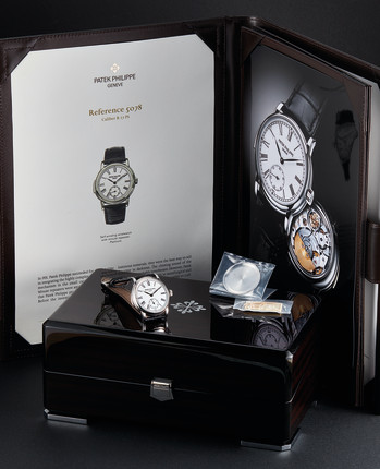 Patek Philippe, A Platinum Automatic Minute Repeating Wristwatch with Enamel Dial, Ref. 5078P with box and certificate, case back and swing tag image 4