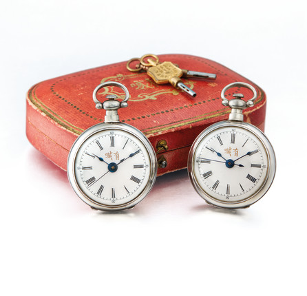 Juvet, A Rare Pair of Small Open-Faced Key Wound Centre Seconds Lever Fob Watches, with Original Presentation Case and Matching Keys, made for the Chinese Market image 1