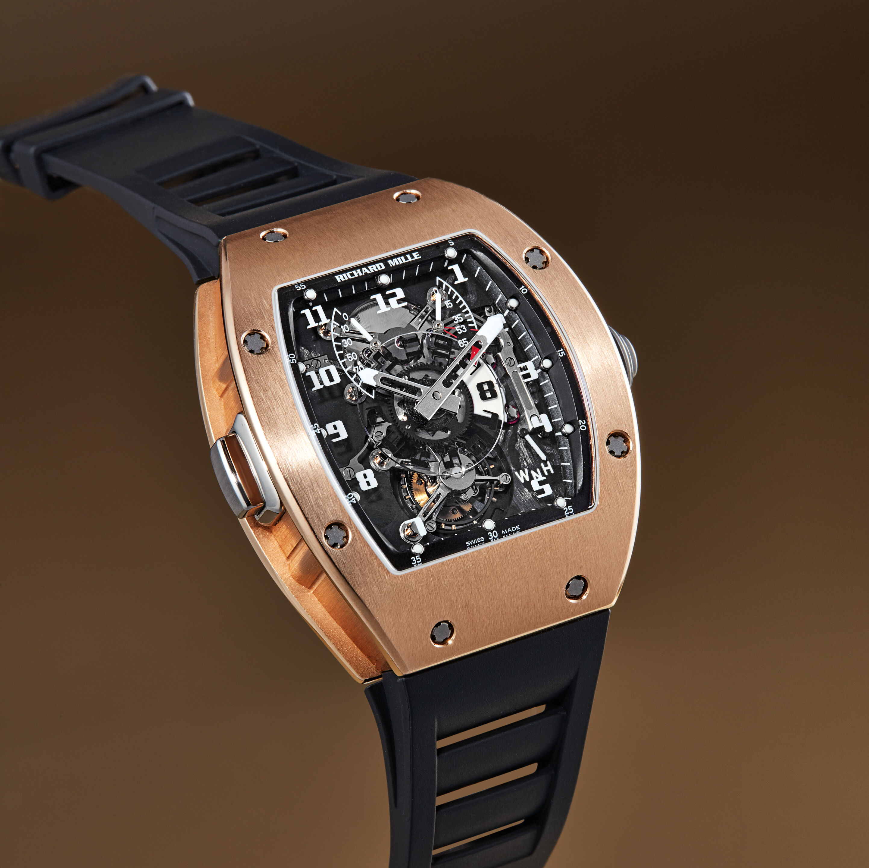 Bonhams The Richard Mille Rm003 A Rare Pink Gold Semi Skeletonised Dual Time Zone Tourbillon Wristwatch With Power Reserve And Torque Indicators