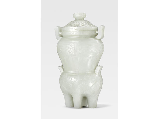 A very rare pale green jade archaistic vessel and cover, yan Qianlong (3)