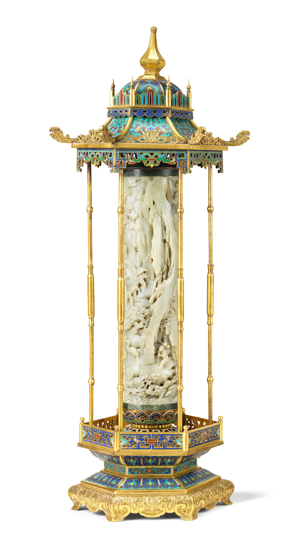 An exceptionally rare pair of Imperial jade gilt-bronze cloisonn&#233; and champlev&#233; enamel 'pagoda' incense holders Qianlong (2)