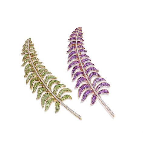 A Pair of Amethyst, Peridot and Diamond 'Fern' Brooches, by Michele della Valle (2)