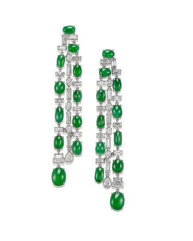A Pair of Jadeite and Diamond Pendent Earrings, by Claudia Ma