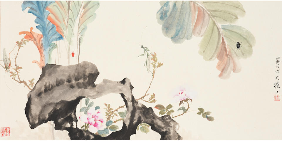Jiang Hanting (1903-1963) Insects Amongst Flowers and Rocks