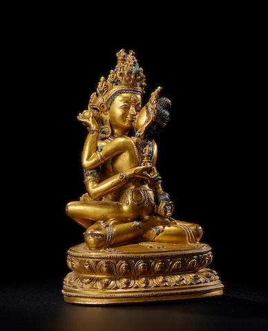 A gilt-bronze group of Vajrasattva in union with Vajramamani Tibet, 16th/17th century