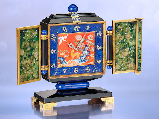 A Distinct and Exceptional Art Deco Jade, Lapis Lazuli, Diamond and Enamel 'Chinoiserie' Desk Clock, by Tiffany & Co.,
