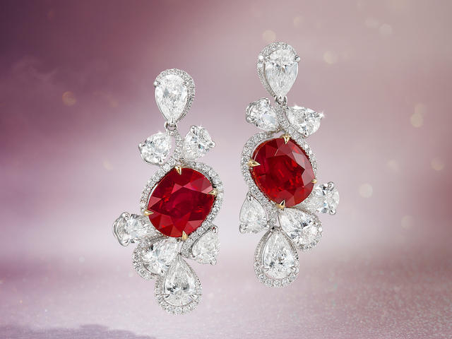An Exquisite Pair of Ruby and Diamond Pendent Earrings