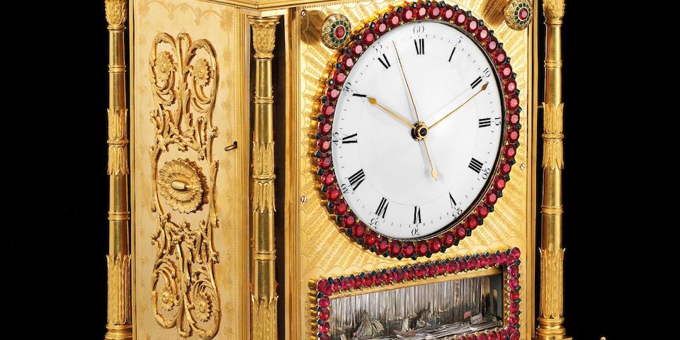 Henry Borrell, London. A Large and substantial, Important and Very rare Qianlong Period, finely chased and engraved Ormolu, musical and quarter striking table clock with ships automaton, made for the Chinese market