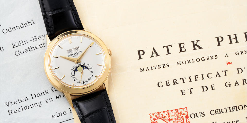Patek Philippe. A 18K Gold Automatic Perpetual Calendar in German Wristwatch with Moon phases with box, Certificate of Origin and Invoice from the retailer Heinz Wipperfeld dated 25th of June 1970, Ref:3448, Case No.325492, Movement No.1119136