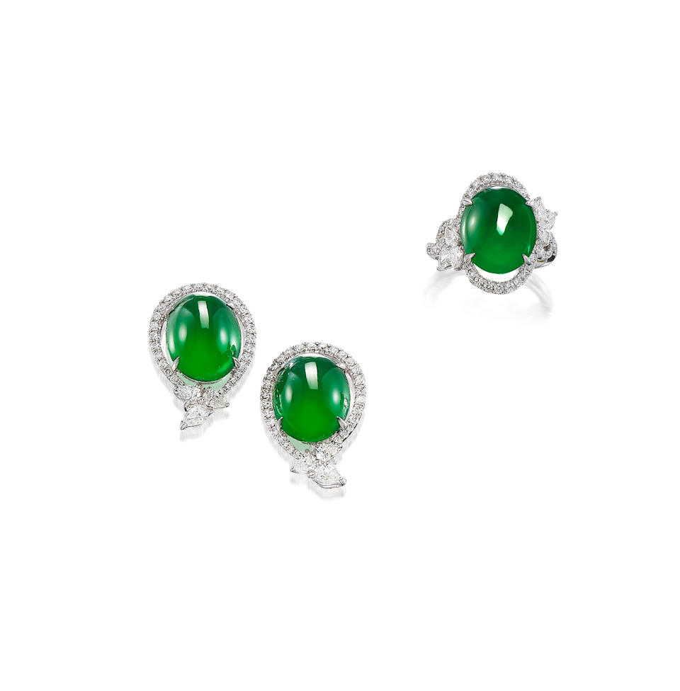 A Jadeite and Diamond Ring and Earring Suite (2)