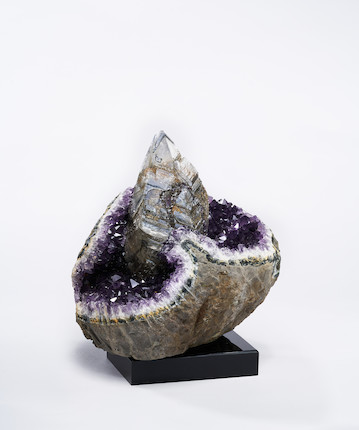 Calcite, Pyrite and Goethite on Amethyst image 2