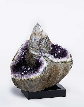 Calcite, Pyrite and Goethite on Amethyst image 1