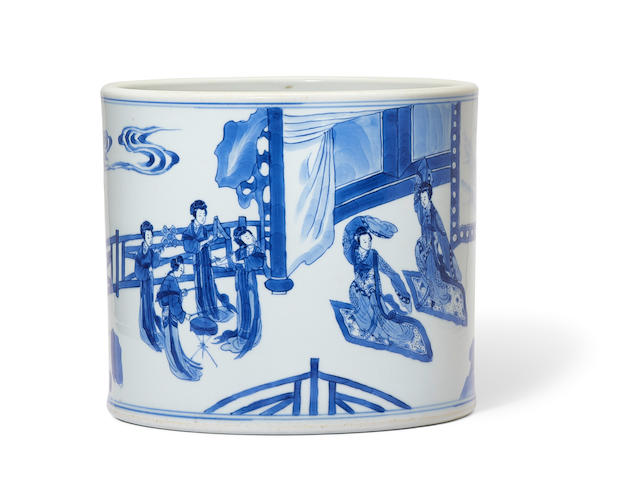 A fine blue and white 'dancers and musicians' brushpot, bitong  Chenghua six-character mark, Kangxi