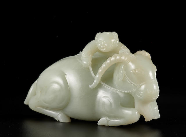 A very rare pale green jade 'ram and boy' group 18th century (3)