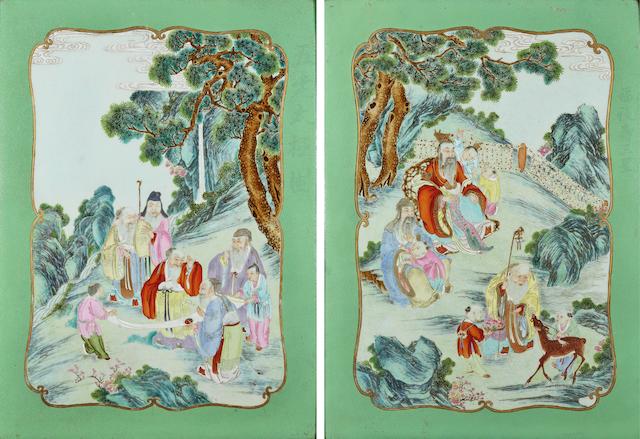A rare pair of famille rose plaques enamelled with 'the Five Gods Of Wufang' and 'The Three Star Gods' Qianlong (2)