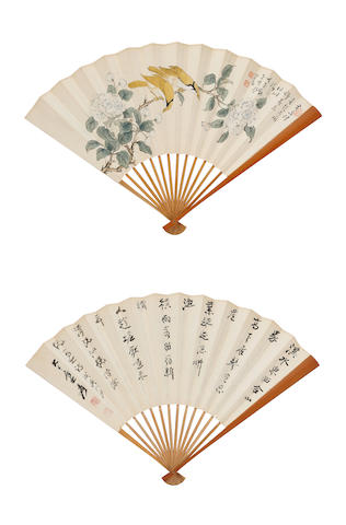 Pu Ru (1896-1963); Zhang Daqian (Chang Dai-chien, 1899-1983) Two Birds and Flowers; Poem in Running Script